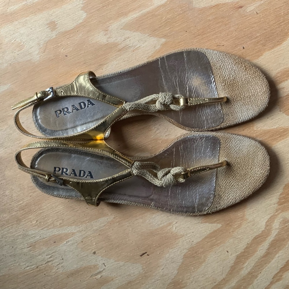 Prada Espadrille Gold-tone Leather Sandals, 39.5